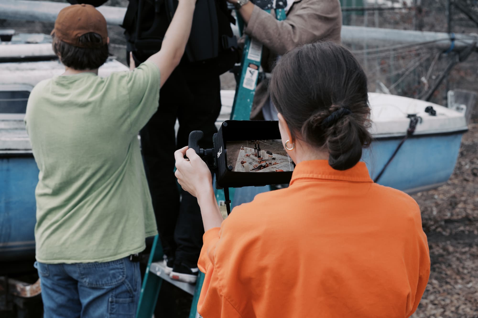 Crew on set by the boat